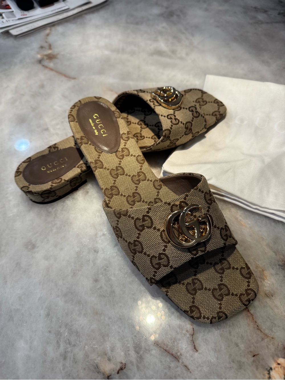 Gucci Beige GG Canvas Double G Slide Mules